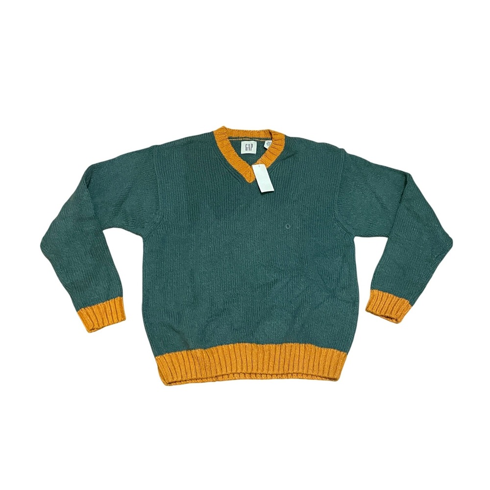 VTG Gap Men's S Tennis Preppy Shaker Knit V-Neck Sweater Green Orange Cotton NWT